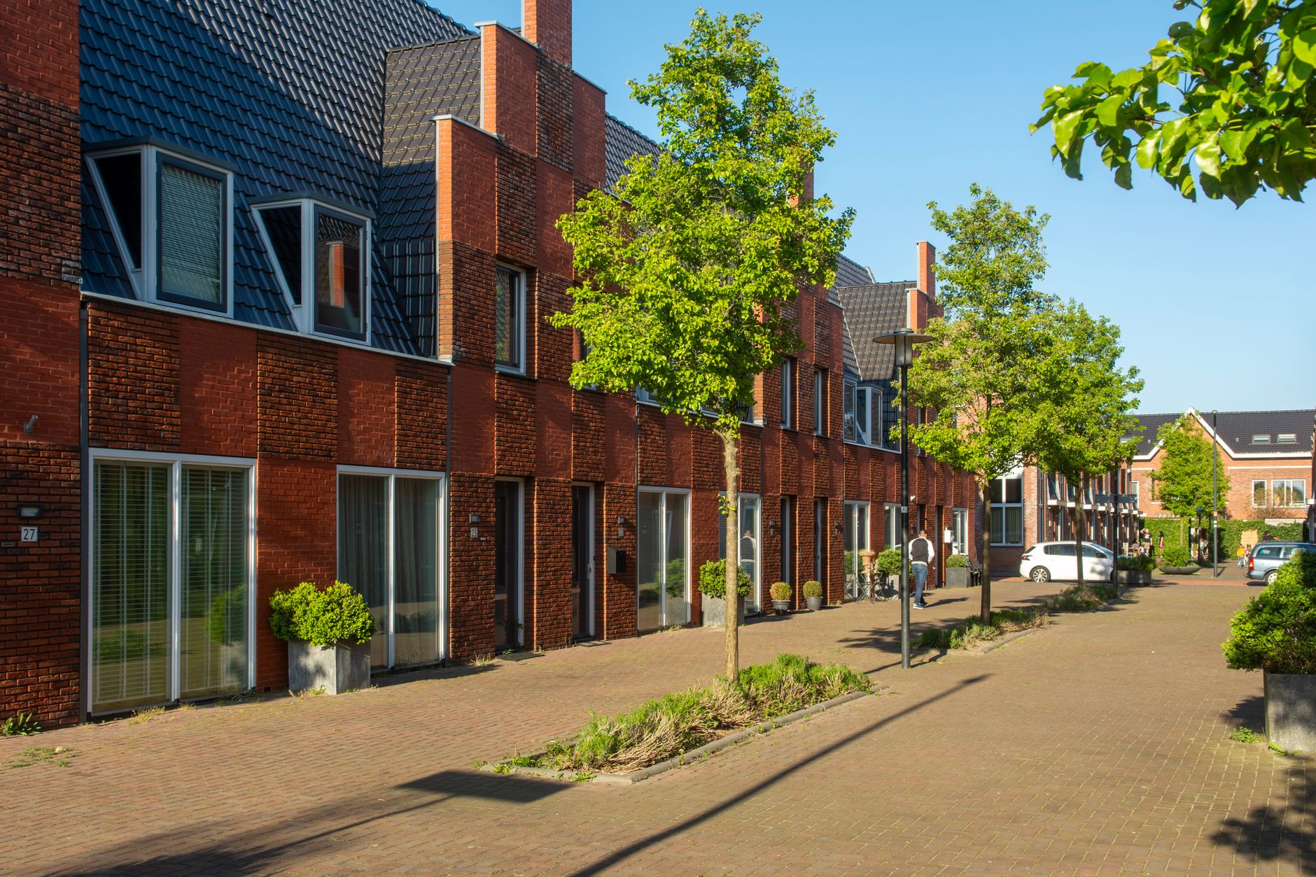 Rij bakstenen eengezinswoningen met jonge bomen in een Nederlandse woonstraat