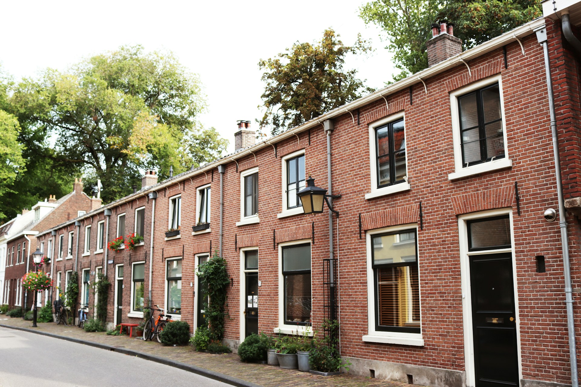 Rij bakstenen rijtjeshuizen met witte kozijnen en een straatlantaarn in een Nederlandse straat